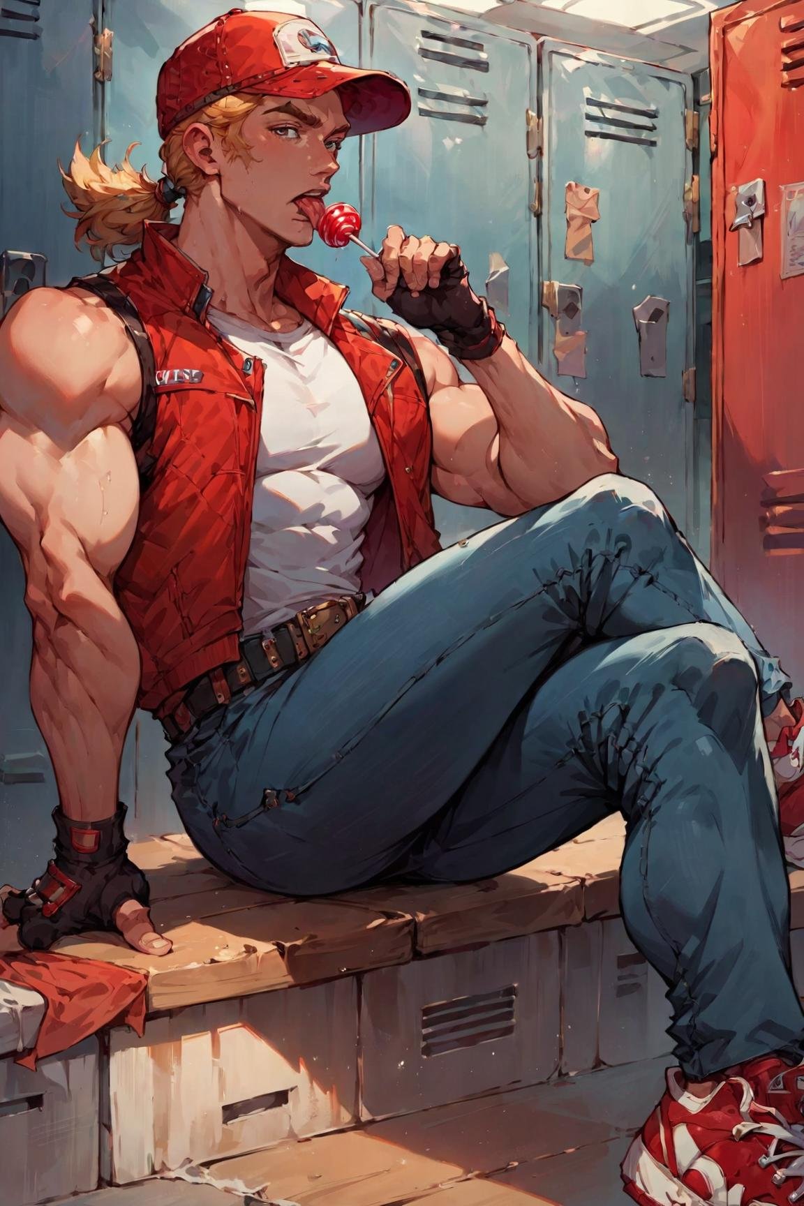 (source_anime, score_9, score_8_up, score_7_up:1), red trucker cap, red vest, white sleeveless t-shirt, blond ponytail, denim pants, red sneakers, belt, fingerless gloves, ((muscular male)), medium shot, at the locker room, sitting, licking a lollipop, crossed legs, looking to viewer, score_9<lora:EMS-322415-EMS:1.000000>