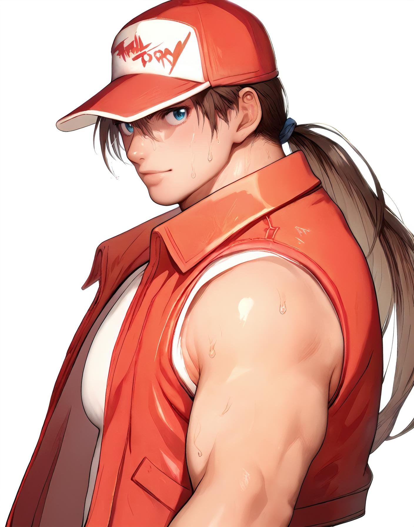 score_9, score_8_up, score_7_up, score_6_up, score_5_up, score_4_up, source_anime, 1boy, side view, red trucker cap, red vest, white sleeveless t-shirt, ((blond hair, ponytail)), backlighting, backlit, topless male, large pectorals, looking at you, sweat, (big pecs:1.1),TerryBogard<lora:EMS-302891-EMS:1.000000>, <lora:EMS-353415-EMS:1.000000>