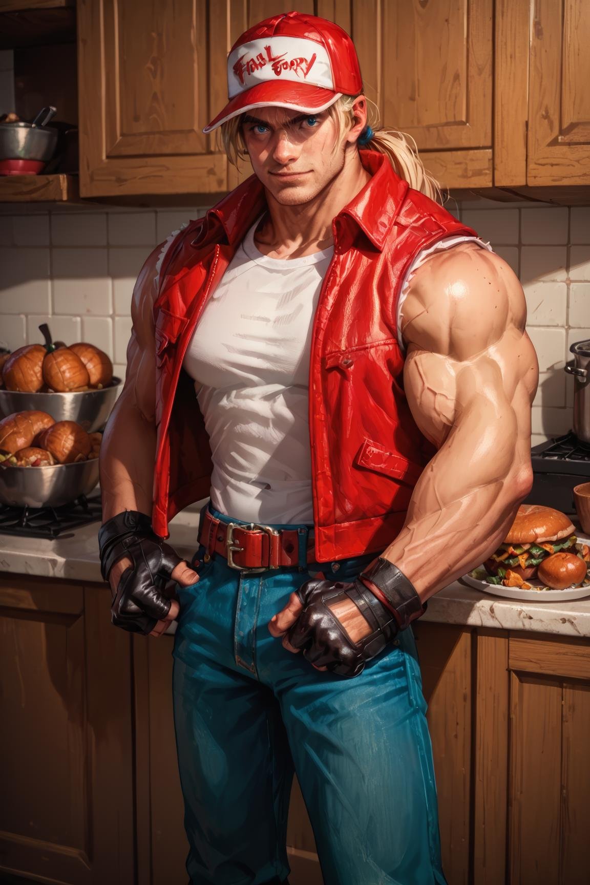 (source_anime, score_9, score_8_up, score_7_up:1), red trucker cap, red vest, white sleeveless t-shirt, blond ponytail, denim pants, red sneakers, belt, fingerless gloves, ((muscular male)), solo, at the kitchen, preparing a turkey for thanksgiving,TerryBogard<lora:EMS-353415-EMS:1.000000>