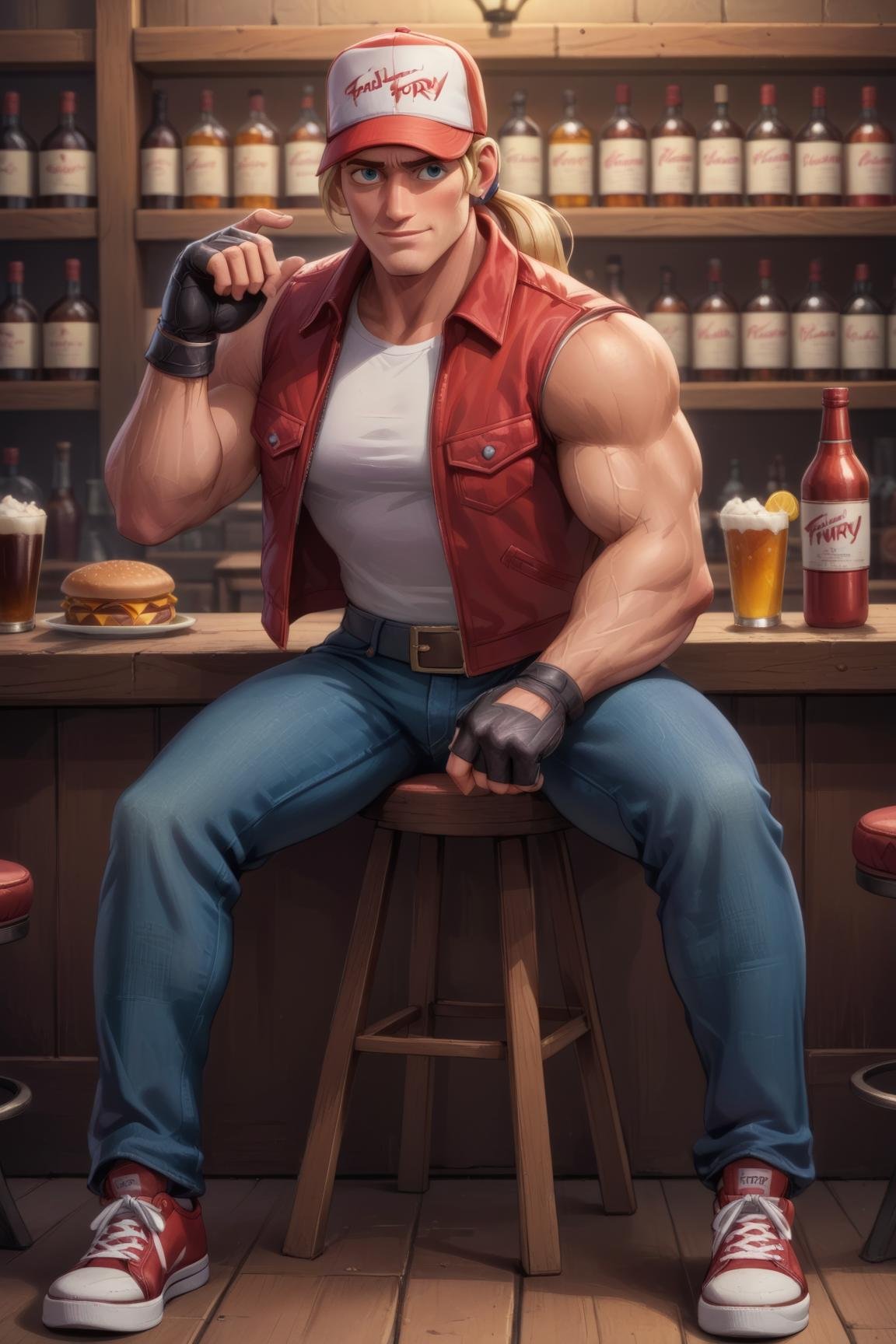 (source_anime, score_9, score_8_up, score_7_up:1), red trucker cap. red vest, white sleeveless t-shirt, blond ponytail, denim pants, red sneakers, belt, fingerless gloves, ((muscular male)), sitting, at the pub, TerryBogard,disney pixar style<lora:EMS-248183-EMS:0.500000>, <lora:EMS-353415-EMS:1.000000>