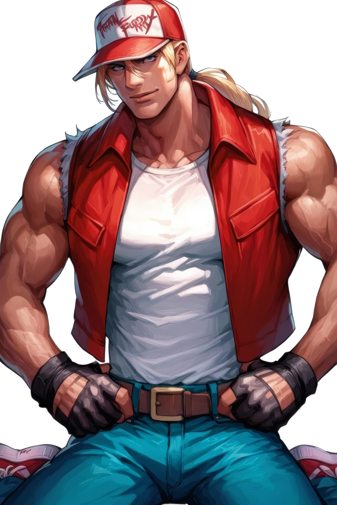 (source_anime, score_9, score_8_up, score_7_up:1), red trucker cap. red vest, white sleeveless t-shirt, blond ponytail, denim pants, red sneakers, belt, fingerless gloves, ((muscular male)), hands on hips, view from front, sitting, at Central Park, TerryBogard<lora:EMS-353415-EMS:1.000000>, <lora:EMS-302893-EMS:1.000000>