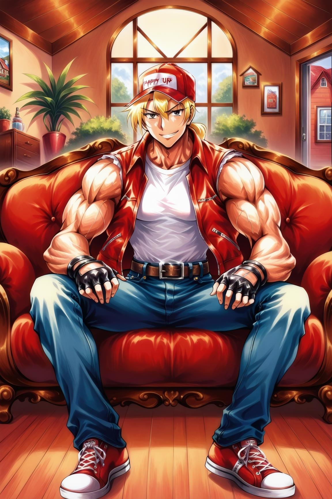 (source_anime, score_9, score_8_up, score_7_up:1), red trucker cap, red vest, white sleeveless t-shirt, blond ponytail, denim pants, red sneakers, belt, fingerless gloves, ((muscular male)), sitting on couch, spread legs, solo male, ,happy face, sitting, ((house, living room, indoors))<lora:EMS-353415-EMS:1.000000>, <lora:EMS-335817-EMS:0.600000>