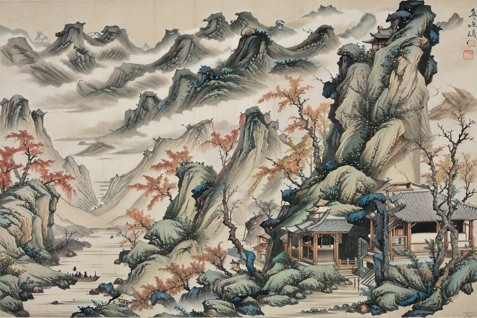 Chinese style ink landscape painting, trees, mountains, rivers, huts, boats, gf