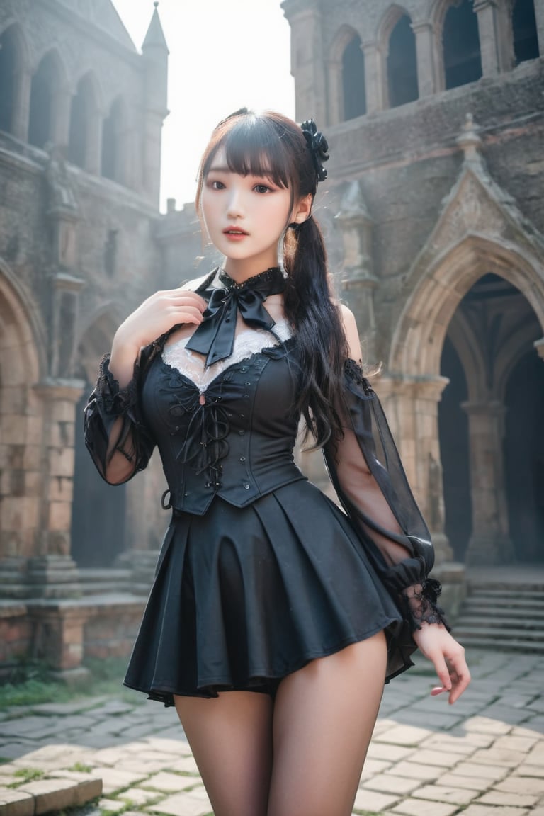 (medium shot:1.25)/(from below). A 17-years-old ethereal breathtakingly glamorous korean girl/(busty, black hair/(long ponytail:1.05), perfect model body, an ethereal beautiful face/(translucent skin texture, porcelain skin tone), wearing a battle suit inspired by black gothic lolita attire and miniskirt accentuating the beautiful thigh, emanating sexual attractiveness). award-winning, (hyperrealistic:1.2), depth of field, 8k uhd, high resolution, perfect detail, intricate detail, raw photo, Rembrandt lighting, a wrecked monastery as an epic battlefield, photo_b00ster,sexyling54894416