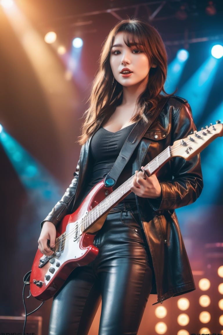 1girl is a rock star singer, playing a electronic guitar, wearing nothing but leather coat and pant, background is a concert stage. colorful sportlight, masterpiece, high quality, HDR, depth of field, natural light, wide view, bright background, raytraced, full length body, fine detail face, fine detail hands, unreal, mystical, luminous, surreal, high resolution, sharp details, with a dreamy glow, translucent, beautiful, stunning, a mythical being exuding energy, textures, breathtaking beauty, pure perfection, with a divine presence, unforgettable, and impressive.,sexyling54894416