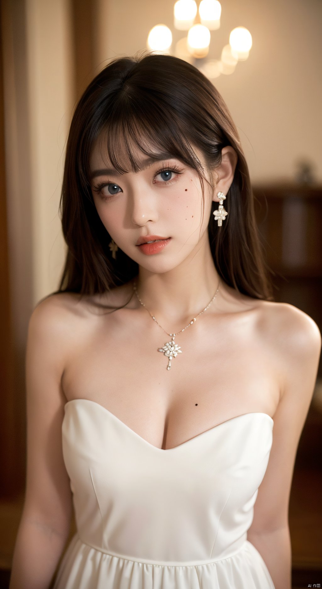  1girl,solo,long hair,breasts,looking at viewer,bangs,blue eyes,brown hair,hair ornament,dress,cleavage,bare shoulders,jewelry,medium breasts,upper body,earrings,parted lips,indoors,necklace,white dress,mole,blurry,lips,head tilt,see-through,eyelashes,makeup,crescent,red lips,full body