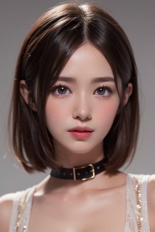 1girl solo brown hair closed mouth grey background collar lips realistic ,  beauty,  yui by en0421@AI on Tensor.Art