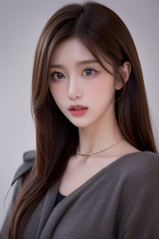 1girl solo brown hair closed mouth grey background collar lips realistic ,  beauty,  yui by en0421@AI on Tensor.Art