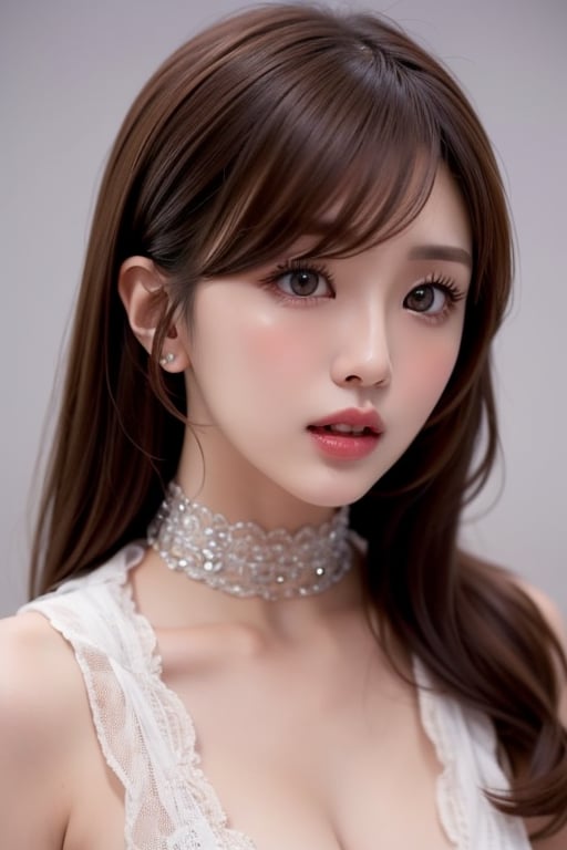 1girl solo brown hair closed mouth grey background collar lips realistic ,  beauty,  yui by en0421@AI on Tensor.Art