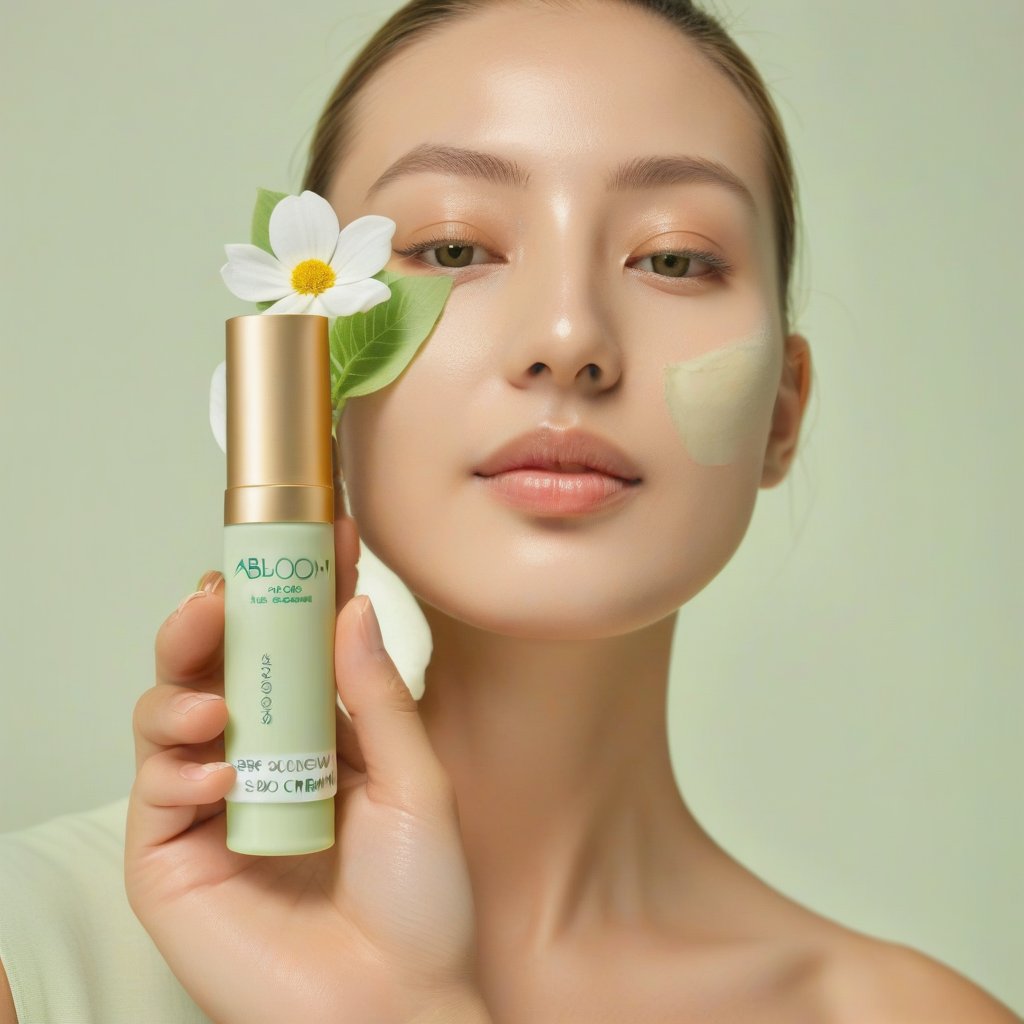 A woman, hand, holding a beauty product written, abloom in green color, slow in green, skincare in green, organic luminous in green, SPF 30+ cream in green, Sunskissed in green, (abloom: 1.4), more specifically eye cream, (eye cream: 1.0).