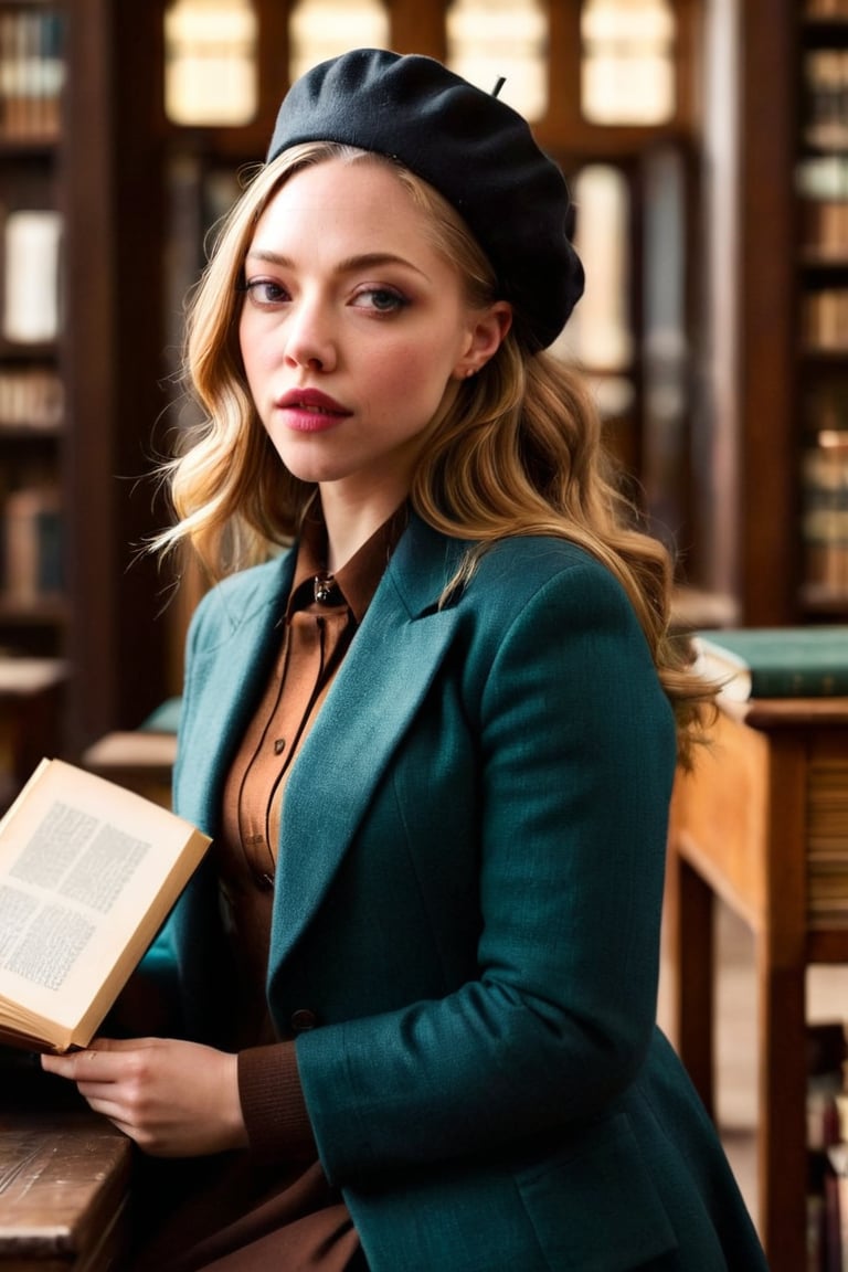 HQ photography, closeup portrait, sharp focus, bokeh background, high contrast, In a serene, cinematic setting, a lovely, young woman, reminiscent of Angeline, sits in an antique university library, looking at the book, Degas-like attention to detail captures every curl and curve of her body. In the background, an antique library full of books and ladders is bathed by the afternoon sun rays, creating a sense of depth and atmosphere. The overall effect is stunning, with cinematic flair, masterpiece, shines brightly on ArtStation, trending for all to admire.,dark academia outfit, brown teal color palette, Rembrandt Lighting Style,darkacademia,photorealistic,tweed blazer, collar shirt, beret,Kodak Motion Picture Film Style, cute face, young face, ,amndsyfrdsoph woman, Amanda Seyfried,