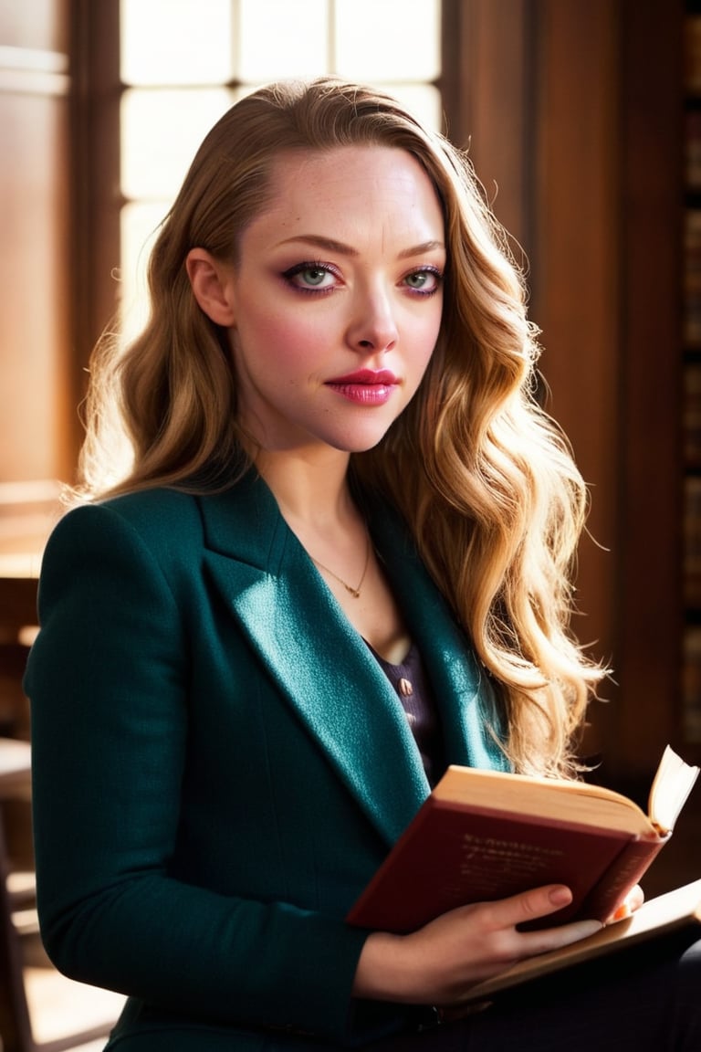 HQ photography, closeup portrait, sharp focus, bokeh background, high contrast, In a serene, cinematic setting, a lovely, young woman, reminiscent of Angeline, sits in an antique university library, looking at the book, Degas-like attention to detail captures every curl and curve of her body. In the background, an antique library full of books and ladders is bathed by the afternoon sun rays, creating a sense of depth and atmosphere. The overall effect is stunning, with cinematic flair, masterpiece, shines brightly on ArtStation, trending for all to admire.,dark academia outfit, brown teal color palette, Rembrandt Lighting Style,darkacademia,photorealistic,tweed blazer, collar shirt, beret,Kodak Motion Picture Film Style,amndsyfrdsoph woman, Amanda Seyfried,