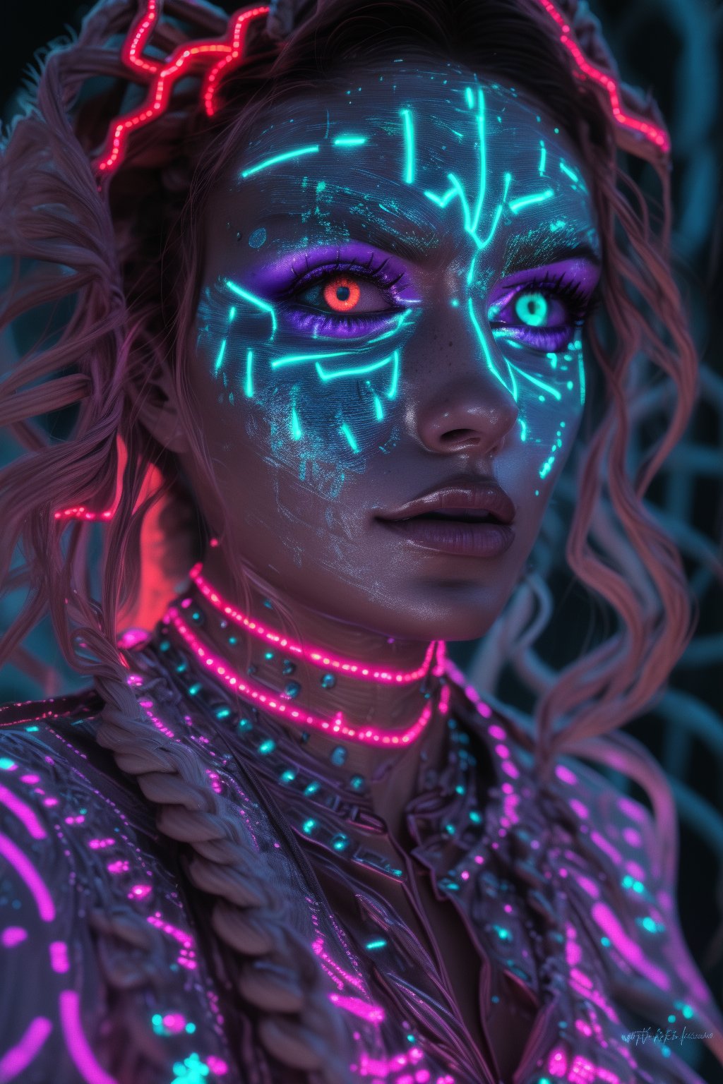 Portrait of a mystical fantasy bioluminescent neon woman. Glamorous fashionable lady. Glowing 
skin spot,  Glowing color,Glowing dots on face, neon lines on face, glowing multiple colour on eyeballs, 