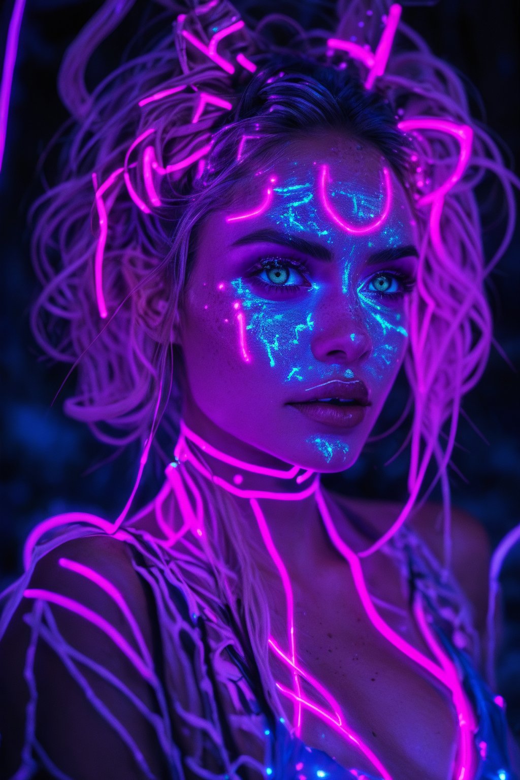 Portrait of a mystical fantasy bioluminescent neon woman. Glamorous fashionable lady. Glowing 
skin spot,  Glowing color,Glowing skin spot