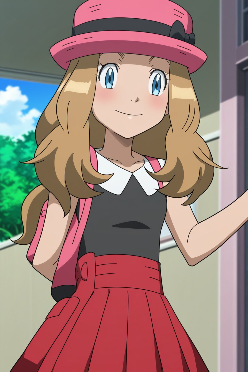 score_9, score_8_up, score_7_up, score_6_up, score_5_up, score_4_up, BREAK, source_anime,serena_v1, 1girl, solo, long hair, skirt, sleeveless, hat, pink headwear,