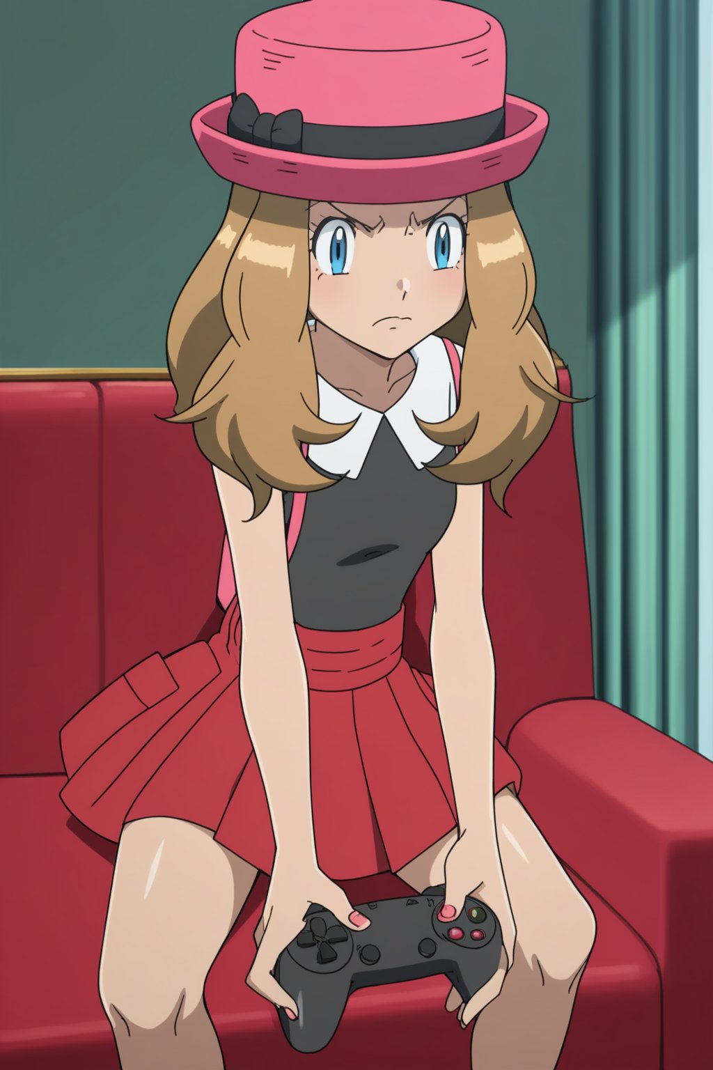 score_9, score_8_up, score_7_up, score_6_up, score_5_up, score_4_up, BREAK, source_anime,serena_v1, 1girl, solo, long hair, skirt, sleeveless, hat, pink headwear,,sitting on a couch, holding a gamepad, angry, legs spread, playing a video game