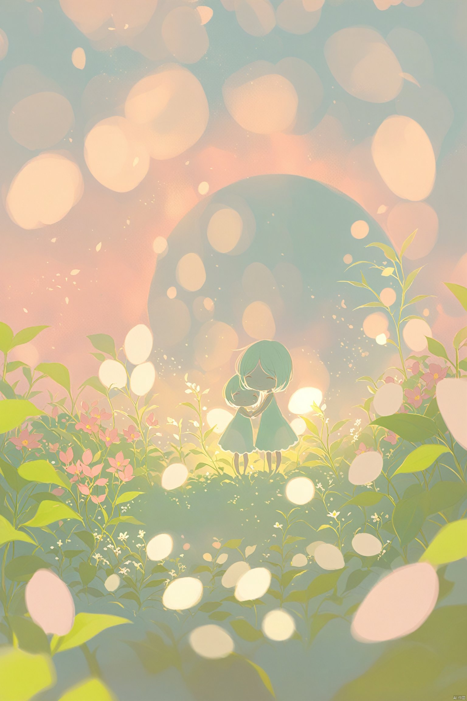 a cute mother and daughter hugging each other, surrounded by flowers and eggs in the style of dreamy landscapes with soft atmospheric perspective, childlike innocence and charm with cartoonish character design featuring bold shapes and cute characters against a pink background