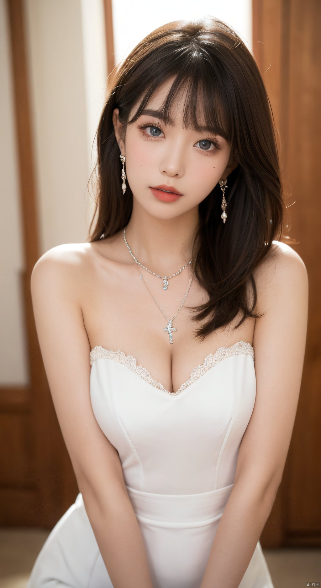  1girl,solo,long hair,breasts,looking at viewer,bangs,blue eyes,brown hair,hair ornament,dress,cleavage,bare shoulders,jewelry,medium breasts,upper body,earrings,parted lips,indoors,necklace,white dress,mole,blurry,lips,head tilt,see-through,eyelashes,makeup,crescent,red lips,full body