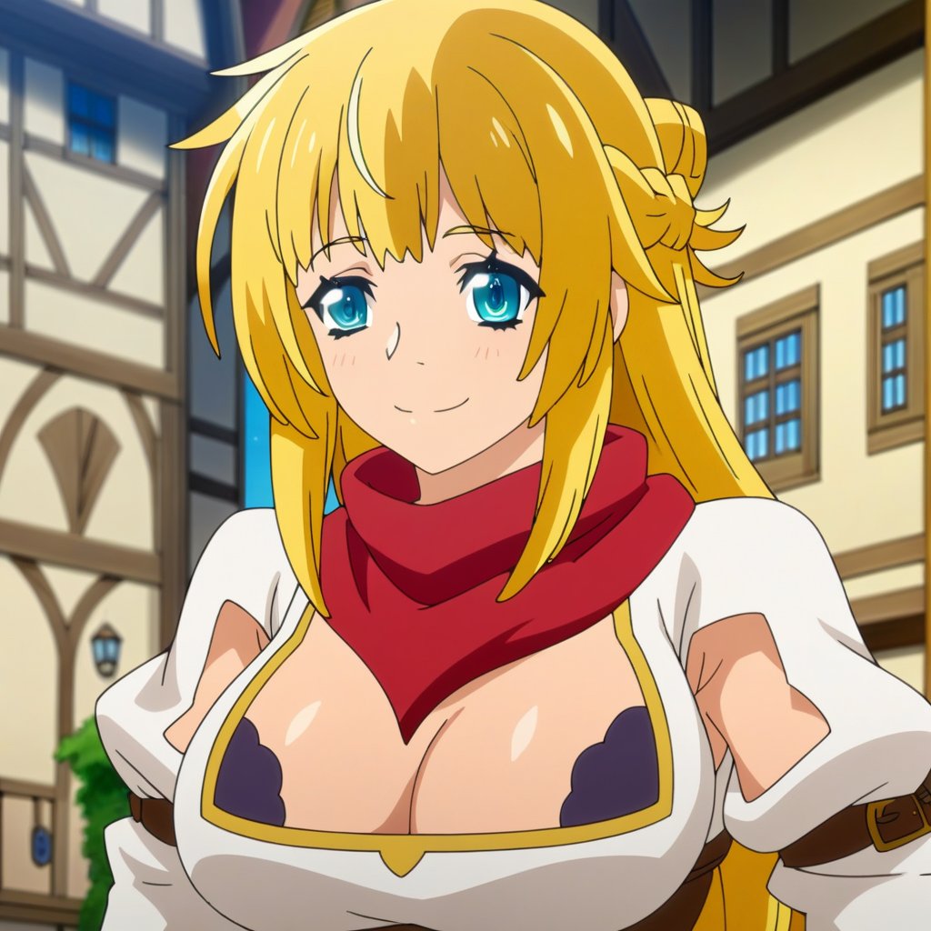 ritto,1girl,solo,solo focus,red scarf,medieval town,smile,best quality, highly detailed, game cg, very aesthetic, intricate, overall detail, perfect anatomy, perfect face, anime coloring,