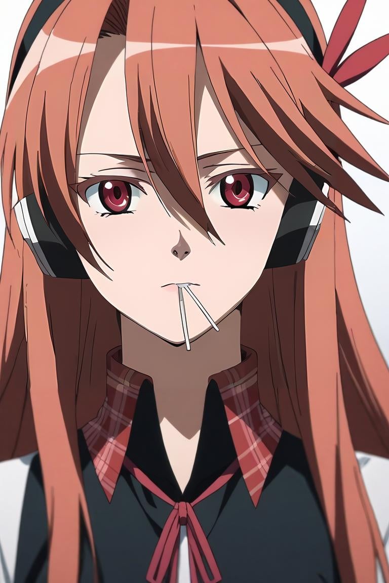 score_9, score_8_up, score_7_up, source_anime, , anime screencap, , , looking at viewer, , depth of field, 1girl, solo, <lora:chelsea_akame_ga_kill_pony:0.86>, chelsea_akame_ga_kill, red hair, red eyes, long hair, hair between eyes, bangs, headphones, , , candy, lollipop, mouth hold, herald costume, feudal japan, , <lora:sdxl_lightning_8step_lora:1>