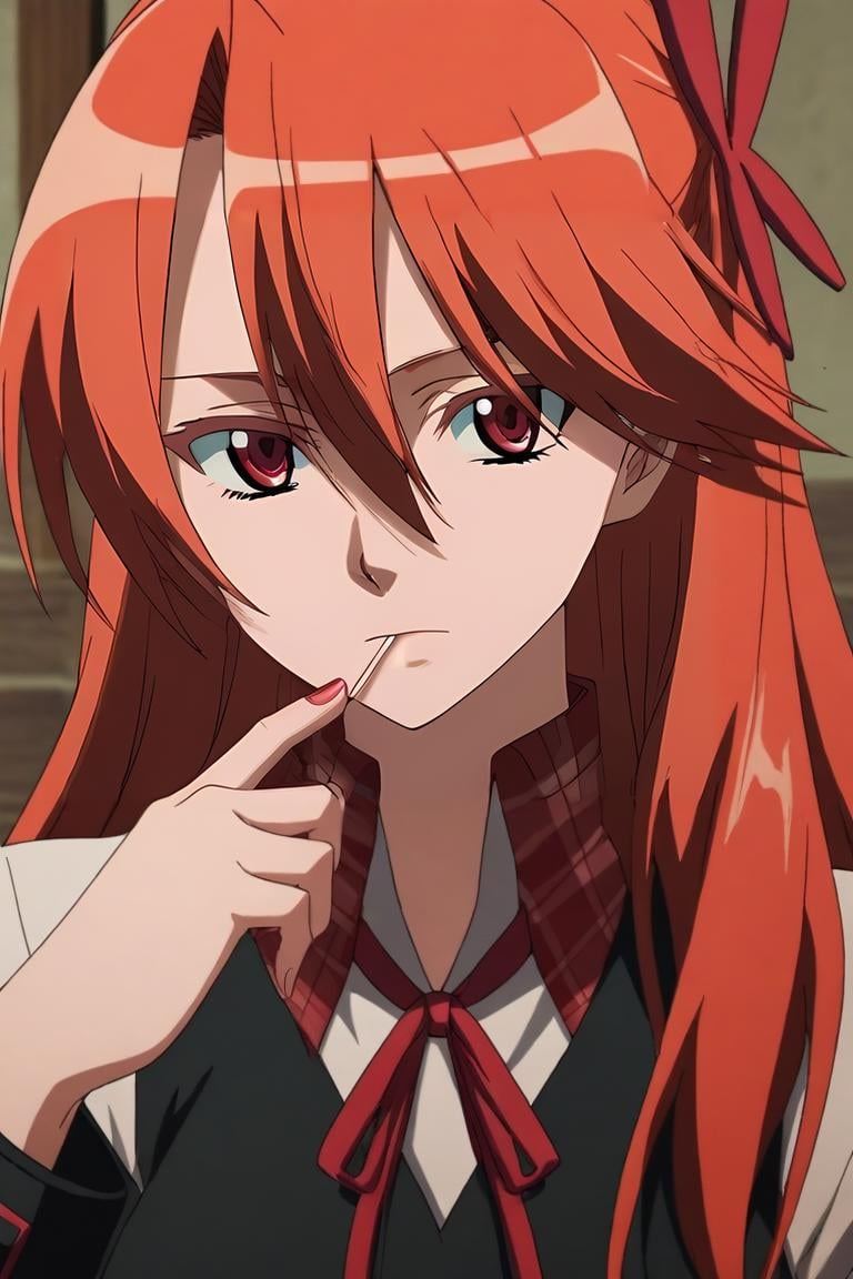 score_9, score_8_up, score_7_up, source_anime, intricate details, semi-realistic, looking at viewer, , , 1girl, solo, <lora:chelsea_akame_ga_kill_pony:1>, chelsea_akame_ga_kill, red hair, red eyes, long hair, hair between eyes, bangs, , ribbon, neck ribbon, plaid, candy, lollipop, mouth hold, , steampunk, Hands on chin, deep in contemplation, <lora:sdxl_lightning_8step_lora:1>