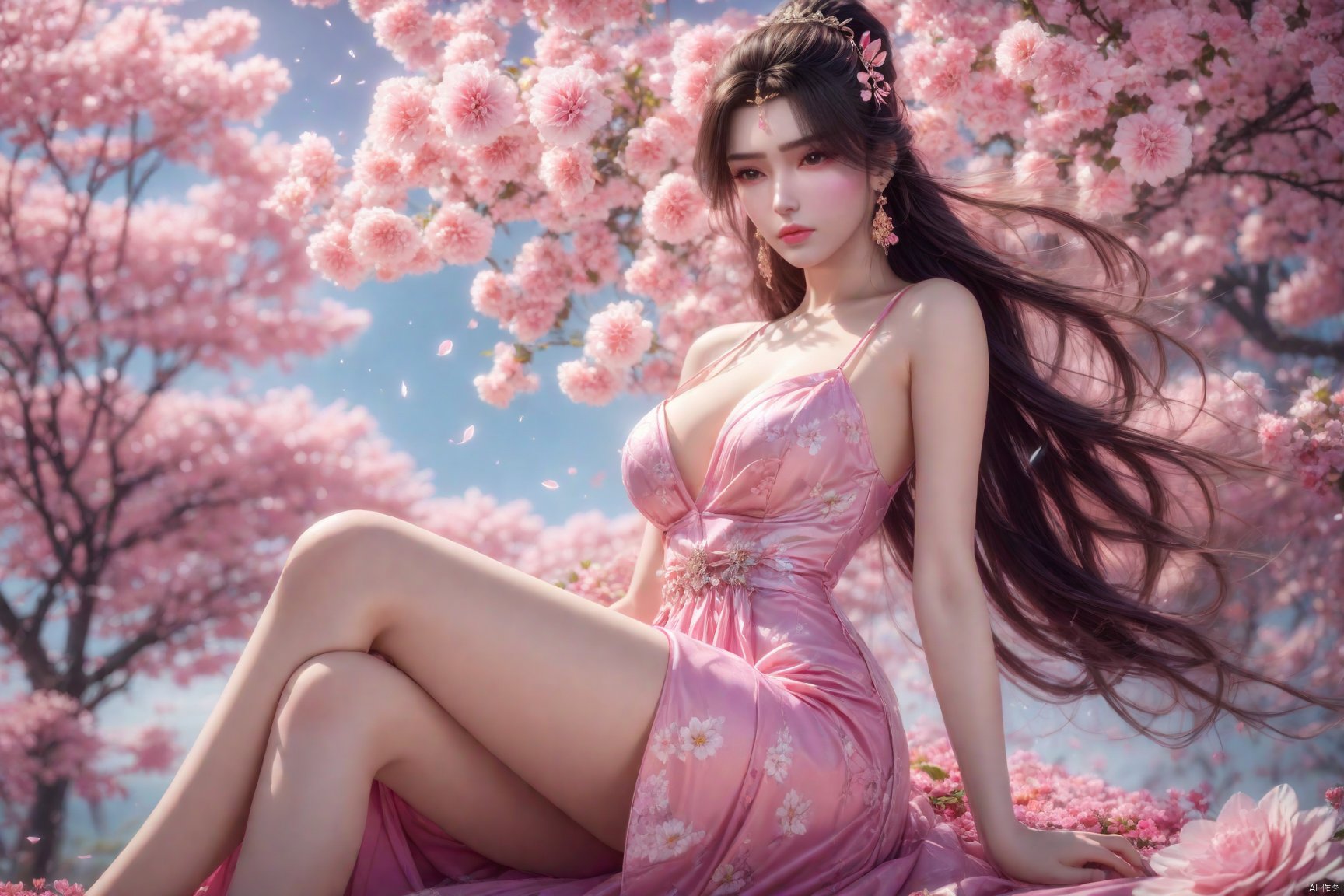  (8k, RAW photo, best quality, masterpiece:1.2),hatching (texture),skin gloss,light persona,artbook,extremely detailed CG unity 8k wallpaper,official art,
(high detailed skin),glossy skin,contrapposto,female focus,sexy,fine fabric emphasis,wall paper,
1girl, solo, dress, flower, sitting, long hair, jewelry, looking at viewer, earrings, pink dress