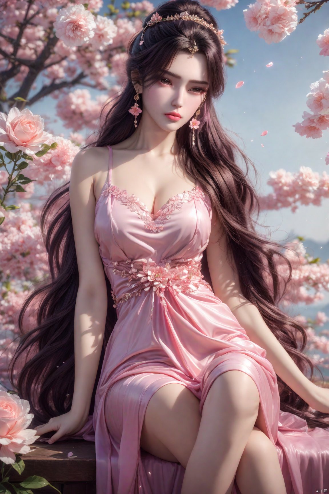  (8k, RAW photo, best quality, masterpiece:1.2),hatching (texture),skin gloss,light persona,artbook,extremely detailed CG unity 8k wallpaper,official art,
(high detailed skin),glossy skin,contrapposto,female focus,sexy,fine fabric emphasis,wall paper,
1girl, solo, dress, flower, sitting, long hair, jewelry, looking at viewer, earrings, pink dress