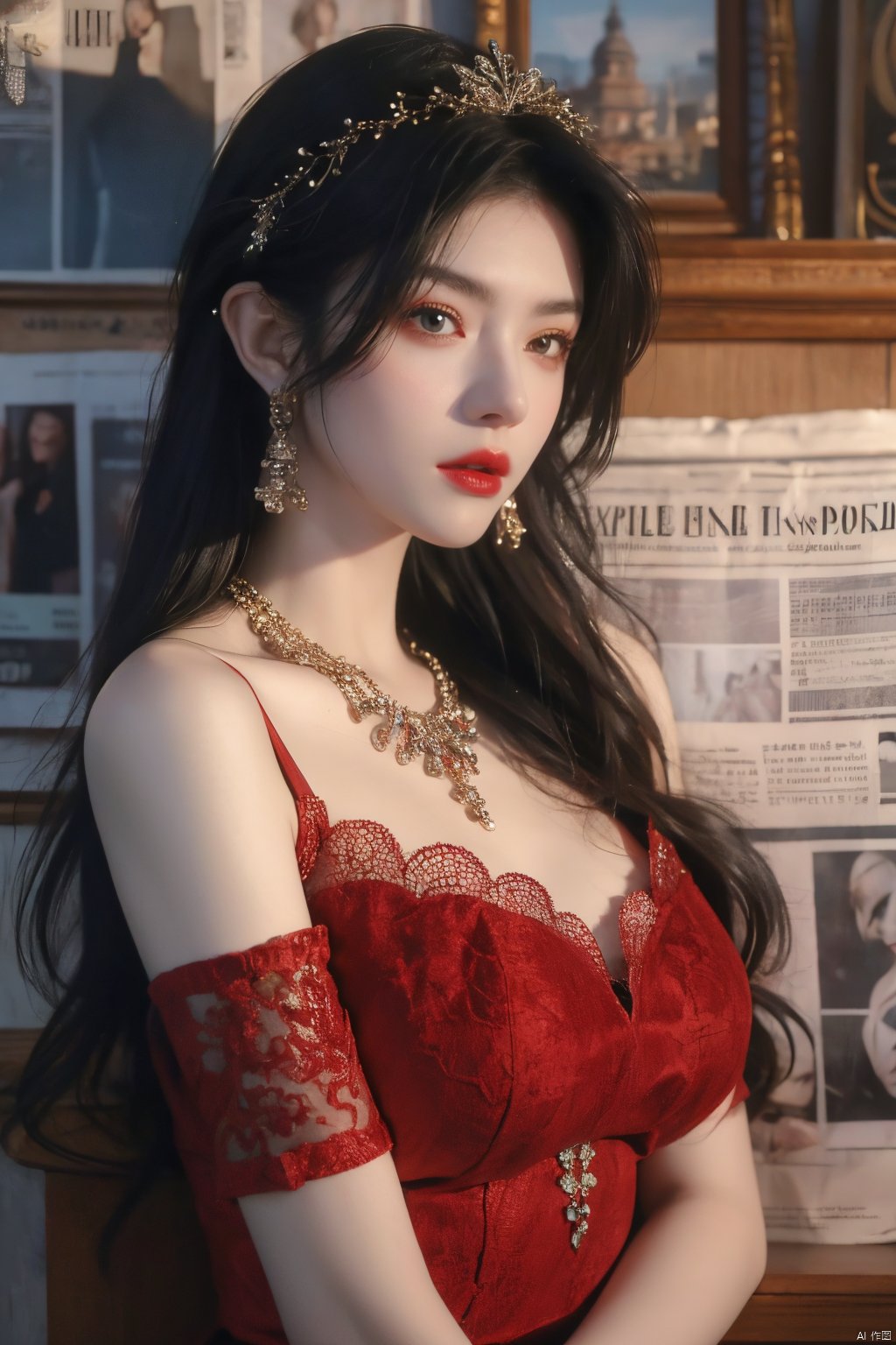  masterpiece, 1 girl, Stand, {long hair}, jewelry, Earrings, Necklace, {JK}, Newspaper wall, huge filesize, extremely detailed, 8k wallpaper, highly detailed, best quality,lace,(big breasts:1.23)