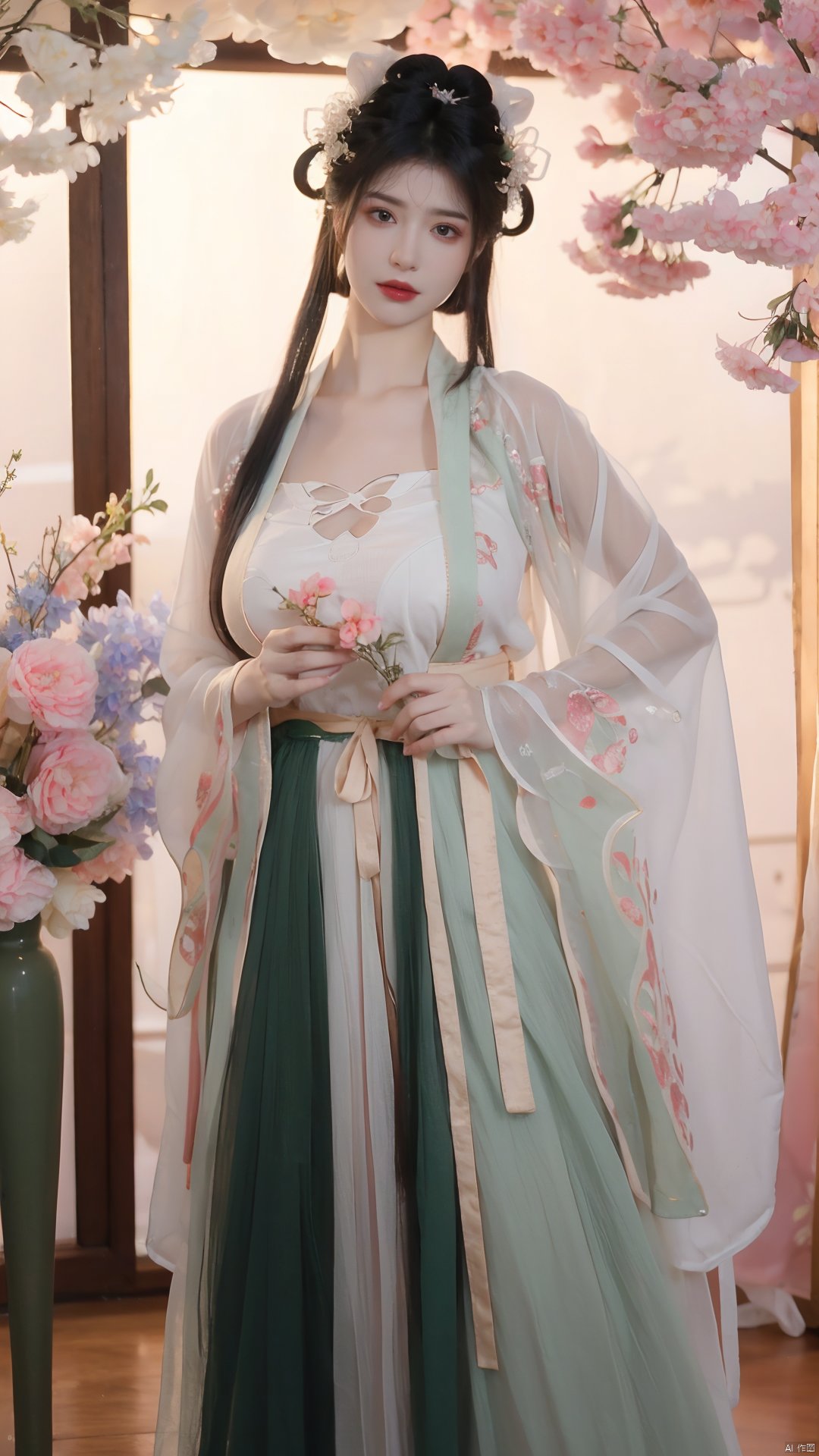  masterpiece,qingyi,danya,1girl,black hair,hanfu,(flower:1.36),realistic,hair ornament,chinese clothes,(red-green dress:1.23),black eyes,long sleeves,holding,holding flower,,hanfu,cho girl, longfeihanfu,looking at viewer,(big breasts:1.61)