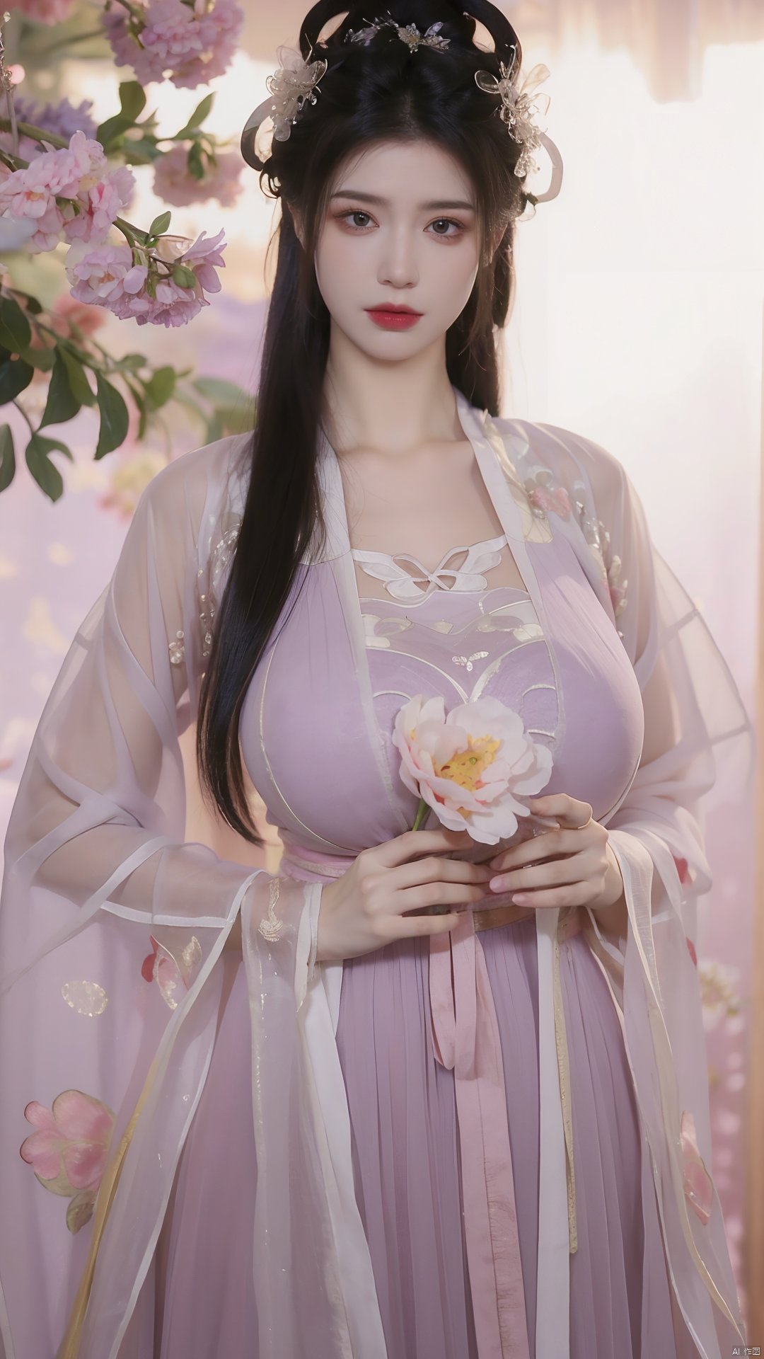  masterpiece,qingyi,danya,1girl,black hair,hanfu,(flower:1.5),realistic,hair ornament,chinese clothes,(purple dress:1.39),black eyes,long sleeves,holding,holding flower,,hanfu,cho girl, longfeihanfu,looking at viewer,(big breasts:1.79)