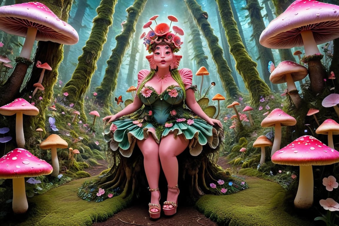  woman in a forest full of insects, glitter, and flowers, mushrooms and animals. fairy, fairy clothes, mushroom hat, flower high heels, roots, a woman sitting on a big flower, inside the flower, coming out of the flower 3D four eyes and pink skin, symmetrical fat face, prosthesis, 3D silky latex dress, flash, fat body, shape, pink color for the body and face, pink color for the whole body 