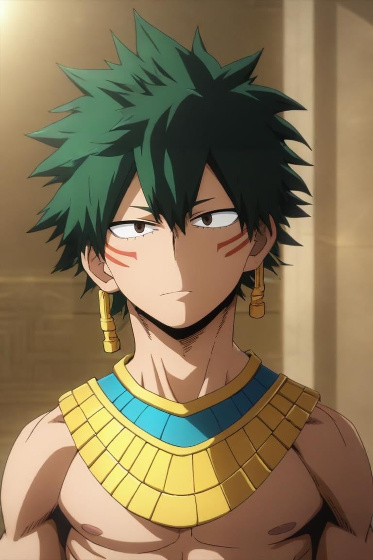 score_9, score_8_up, score_7_up, source_anime, , (3d:0.4), looking at viewer, , , 1boy, male focus, dark brown eyes, green hair, egyptian costume, solo, Utopia, <lora:boku_no_hero_academia_style_pony:0.84>, boku_no_hero_academia_style, <lora:sdxl_lightning_8step_lora:1>,