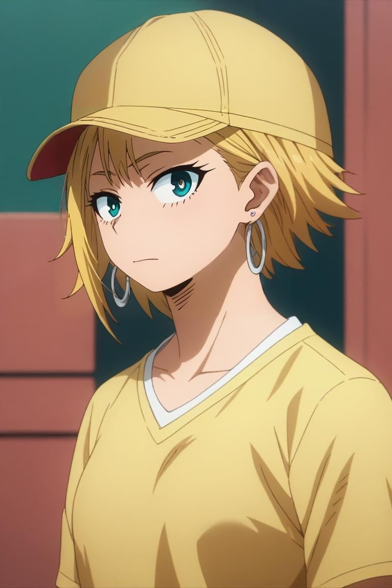 score_9, score_8_up, score_7_up, source_anime, intricate details, anime screencap, anime coloring, official style, looking at viewer, , depth of field, 1girl, aqua eyes, baseball cap, blonde hair, closed mouth, earrings, green background, hat, hoop earrings, jewelry, looking at viewer, shirt, short hair, simple background, solo, upper body, yellow shirt, solo, Moonmilk, <lora:boku_no_hero_academia_style_pony:0.92>, boku_no_hero_academia_style, <lora:sdxl_lightning_8step_lora:1>,