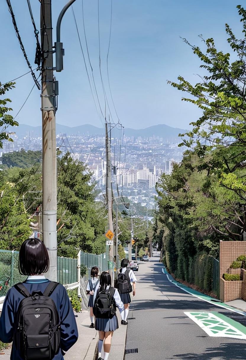 masterpiece, best quality, very aesthetic, absurdres,haruhizaka, kitakoumae, scenery, outdoors, multiple girls, scenery, tree, real world location, multiple boys, building, day, sky, fence, power lines, city, road, bag, school uniform, cityscape, photo background, blue sky, skirt, backpack, sign, black hair, utility pole, short hair, street, 3boys,  <lora:kitakoumae_SDXL_V3:1>