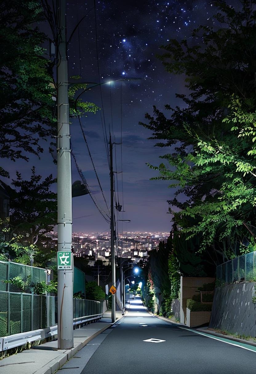 masterpiece, best quality, very aesthetic, absurdres,haruhizaka, kitakoumae, scenery, night, lamppost, outdoors, tree, road, sky, night sky, city, power lines, building, cityscape, street, sign, dark, guard rail, road sign, real world location, starry sky,  <lora:kitakoumae_SDXL_V3:1>