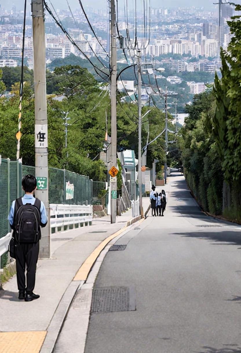 masterpiece, best quality, very aesthetic, absurdres,haruhizaka, kitakoumae, scenery, outdoors, multiple girls, scenery, tree, real world location, multiple boys, building, day, sky, fence, power lines, city, road, bag, school uniform, cityscape, photo background, blue sky, skirt, backpack, sign, black hair, utility pole, short hair, street, 3boys,  <lora:kitakoumae_SDXL_V3:1>