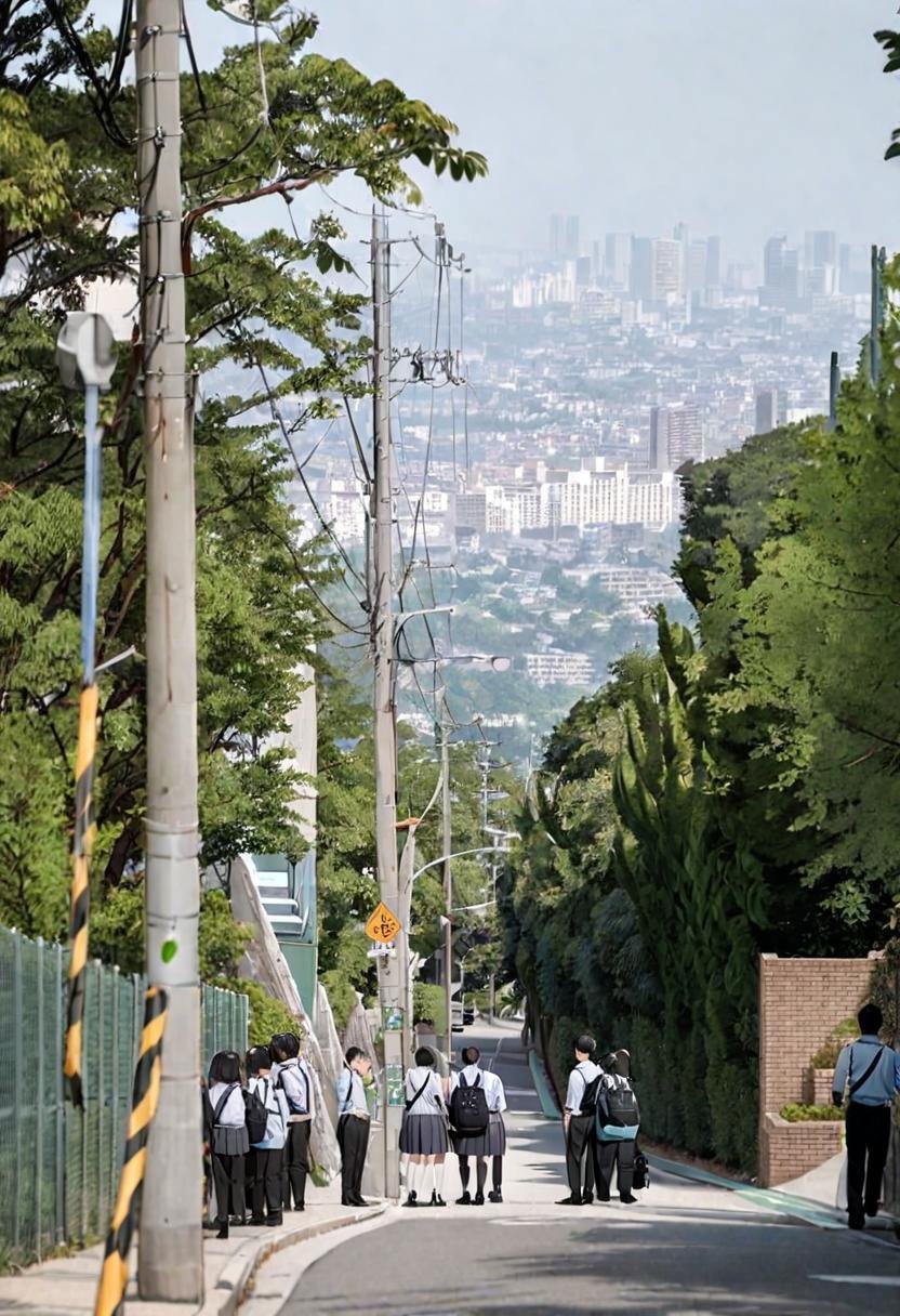 masterpiece, best quality, very aesthetic, absurdres,haruhizaka, kitakoumae, scenery, outdoors, multiple girls, scenery, tree, real world location, multiple boys, building, day, sky, fence, power lines, city, road, bag, school uniform, cityscape, photo background, blue sky, skirt, backpack, sign, black hair, utility pole, short hair, street, 3boys,  <lora:kitakoumae_SDXL_V3:1>