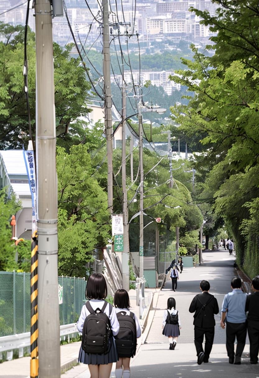 masterpiece, best quality, very aesthetic, absurdres,haruhizaka, kitakoumae, scenery, outdoors, multiple girls, scenery, tree, real world location, multiple boys, building, day, sky, fence, power lines, city, road, bag, school uniform, cityscape, photo background, blue sky, skirt, backpack, sign, black hair, utility pole, short hair, street, 3boys,  <lora:kitakoumae_SDXL_V3:1>