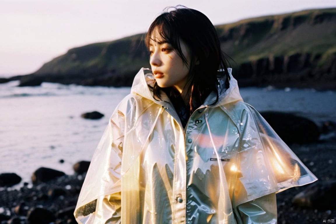 analog film photo chinese girl, cinematic film still, ((Establishing_Shot)), ((looking away)), expression of enjoyment, an ultra high definition professional high fashion portrait full length photograph, a model wearing a transparent pearlescent raincoat in an icelandic black rock environment at dawn, no artefacts, extremely detailed, stark, refraction, shallow depth of field, volumetric light and shadow, ray tracing, light rays, shallow depth of field, vignette, highly detailed, high budget, bokeh, cinemascope, moody, epic, gorgeous, film grain, grainy . faded film, desaturated, 35mm photo, grainy, vignette, vintage, Kodachrome, Lomography, stained, highly detailed, found footage , monkren, Fairy, realistic,sunlight