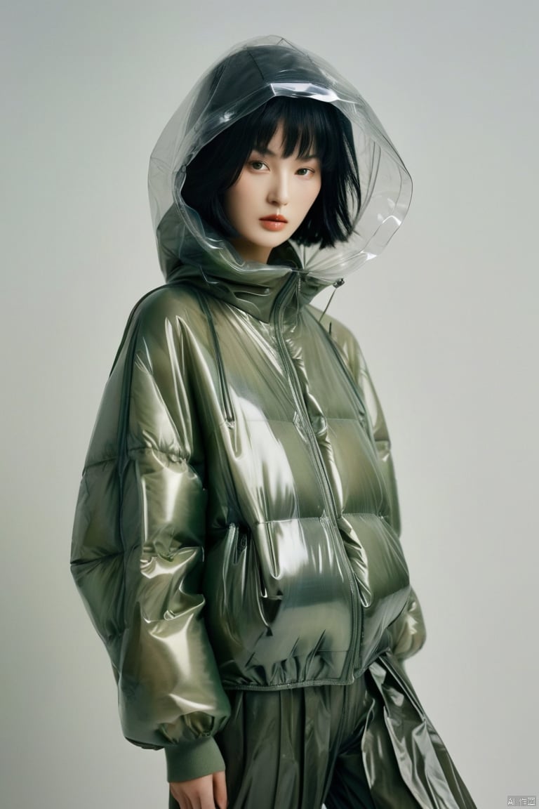  Fine art photography of a beautiful slender Japanese model walking, high-fashion custome designed by Martin Margiela, short black hair, multiple soft lighting, greenish gray background, transparent plastic, inflated, multilayered, puffy, intricated, hooded, surreal, subdued, realistic, characters