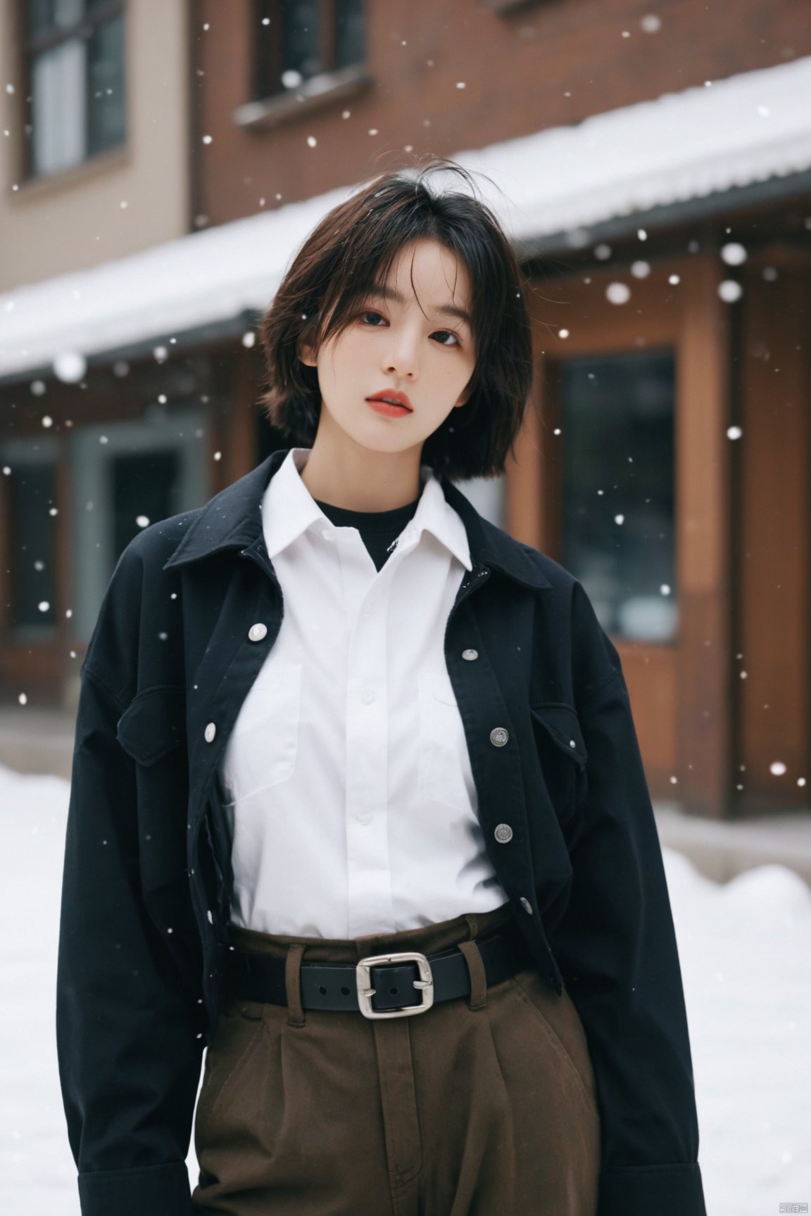 (8k, RAW photo, highly detailed,masterpiece, highest quality),rich colors,high contrast,full shot body photo of the most beautiful artwork in the world,cinematic light,fantasy,highres,
xuer film still,1girl,solo,looking at viewer,short hair,shirt,black hair,long sleeves,standing,collarbone,jacket,cowboy shot,outdoors,parted lips,open clothes,collared shirt,belt,pants,blurry,lips,coat,black jacket,black shirt,depth of field,blurry background,black pants,from below,building,snow,buckle,belt buckle,snowing,city,realistic,jacket on shoulders,
,