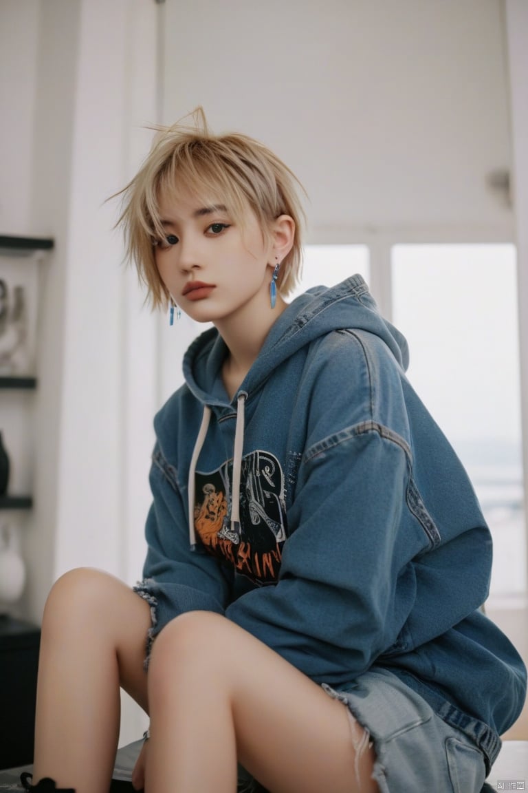  medium shot, pov, taking selfie, girl, Holo Punk Style, 
razorcut long blonde pixie haircut, side hair shaved, ocean blue eyes, earrings, eyelashes, 
eyeliner, oversize hoodie, denim shorts, punkish, cinematic angle, Eiffel tower on background