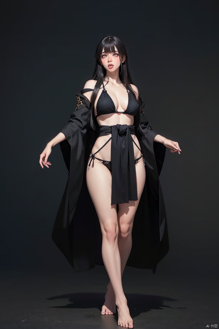  high definition, color trace, (High quality, High resolution, High quality, Fine details), Realistic, 1girl, standing, full body, curvy women, solo focus, long hair, black hair, bangs, black eyes, sparkling eyes, (Detailed eyes:1.2), long legs, barefoot, fighting stance,hanfu bikini, simple background, Dark background, Dramatic Shadows,