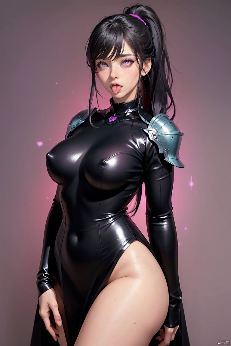  high definition,color trace, (High quality, High resolution, High quality, Fine details), Realistic, 1girl, solo focus, long hair, black hair, bangs, ponytail, purple eyes, long legs, simple background,solo, curvy women, sparkling eyes, purple eyes, (Detailed eyes:1.2), Oily skin, Dramatic Shadows, armor, dress, 