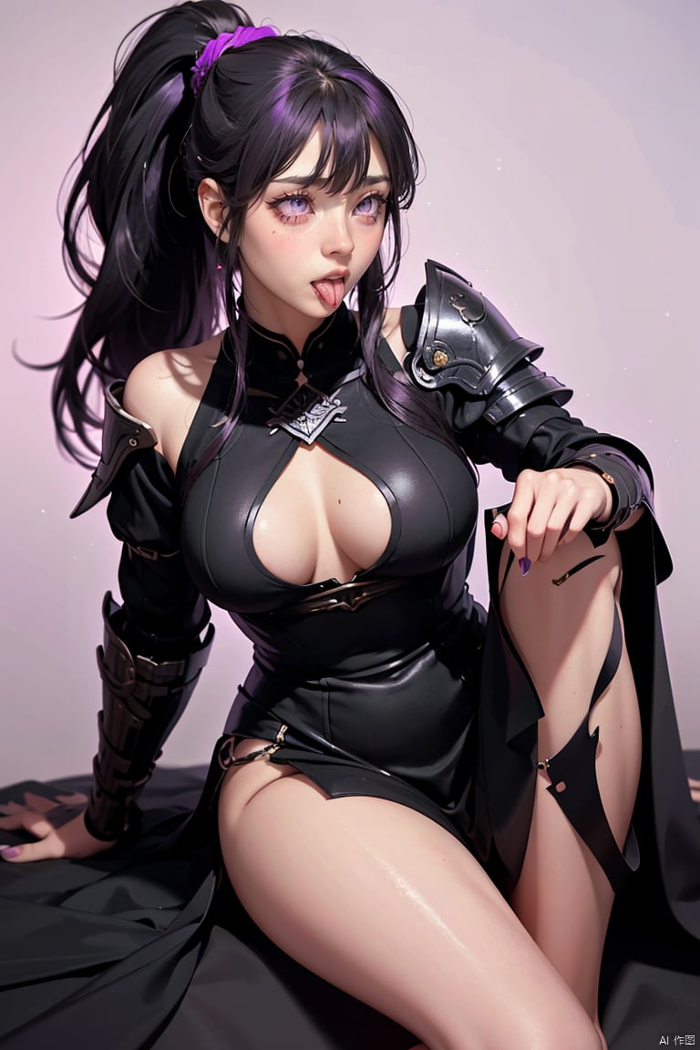  high definition,color trace, (High quality, High resolution, High quality, Fine details), Realistic, 1girl, solo focus, long hair, black hair, bangs, ponytail, purple eyes, long legs, simple background,solo, curvy women, sparkling eyes, purple eyes, (Detailed eyes:1.2), Oily skin, Dramatic Shadows, armor, dress, 