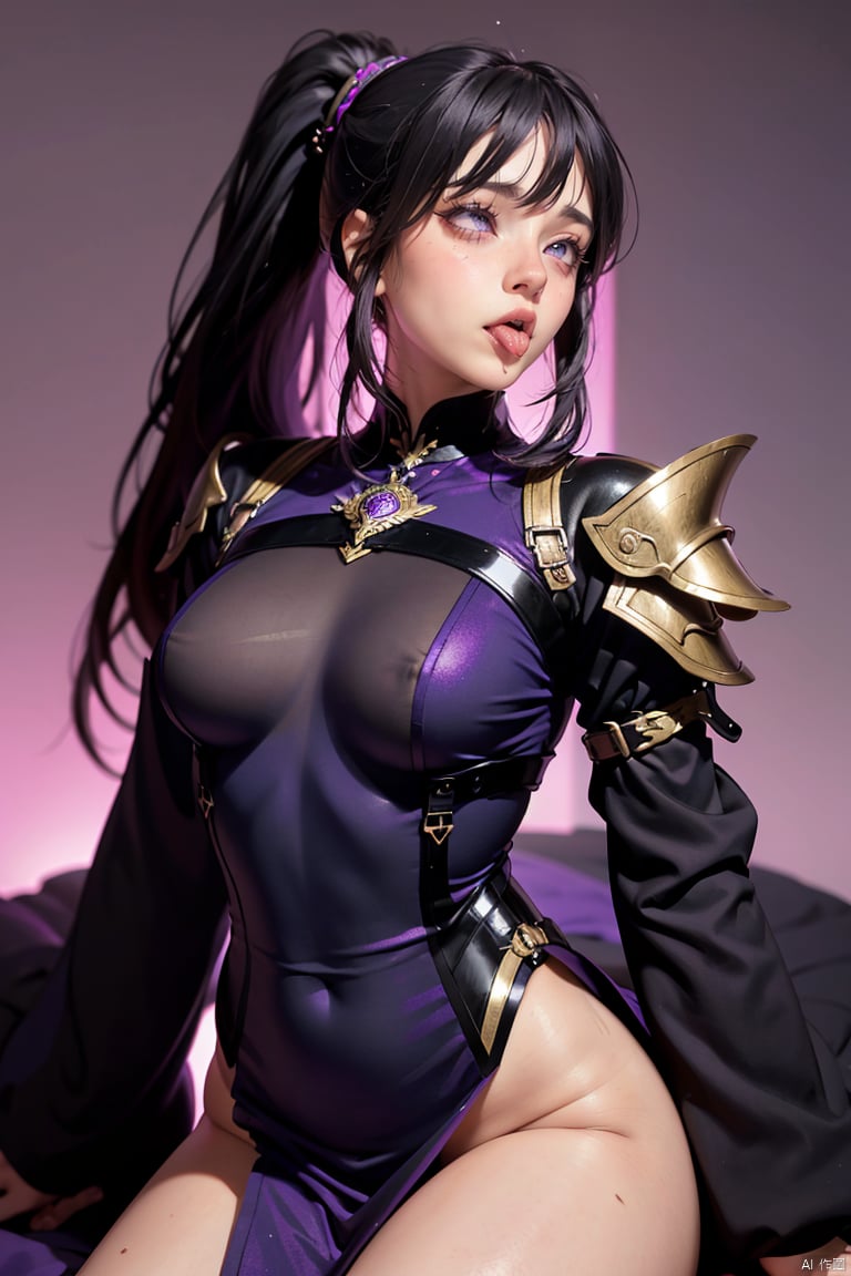  high definition,color trace, (High quality, High resolution, High quality, Fine details), Realistic, 1girl, solo focus, long hair, black hair, bangs, ponytail, purple eyes, long legs, simple background,solo, curvy women, sparkling eyes, purple eyes, (Detailed eyes:1.2), Oily skin, Dramatic Shadows, armor, dress, 