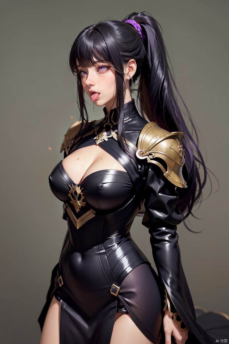  high definition,color trace, (High quality, High resolution, High quality, Fine details), Realistic, 1girl, solo focus, long hair, black hair, bangs, ponytail, purple eyes, long legs, simple background,solo, curvy women, sparkling eyes, purple eyes, (Detailed eyes:1.2), Oily skin, Dramatic Shadows, armor, dress, 