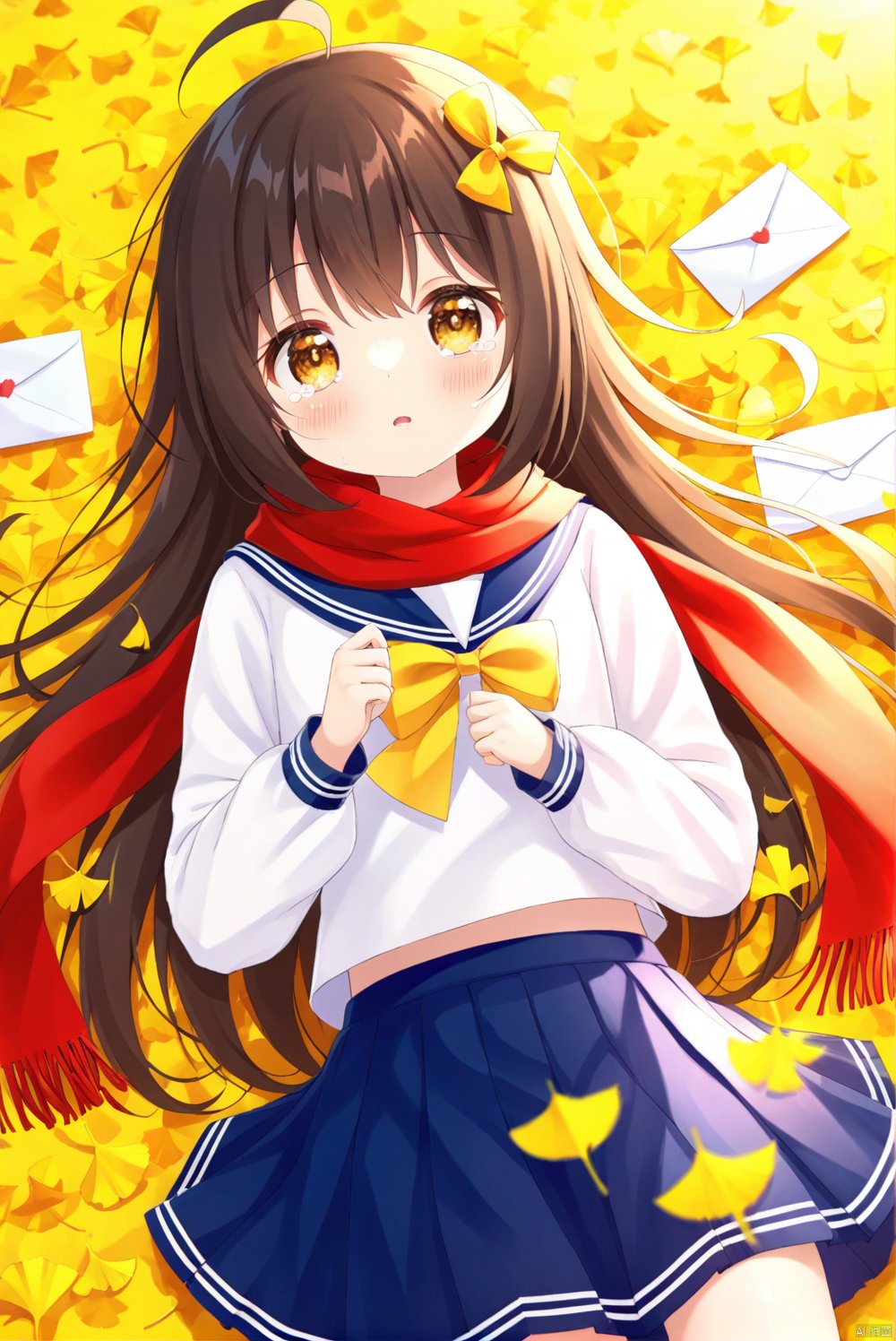  loli,1girl,solo,school uniform,skirt,scarf,lying,serafuku,on back,long sleeves,autumn,blue skirt,looking at viewer,sailor collar,bow,brown eyes,long hair,tears,autumn leaves,bangs,blue sailor collar,shirt,parted lips,pleated skirt,white shirt,envelope,ahoge,blurry,red scarf,black hair,crying,leaf,letter,crying with eyes open,yellow bow,outdoors,brown hair,bowtie,ginkgo leaf,from above,tearing up,blush