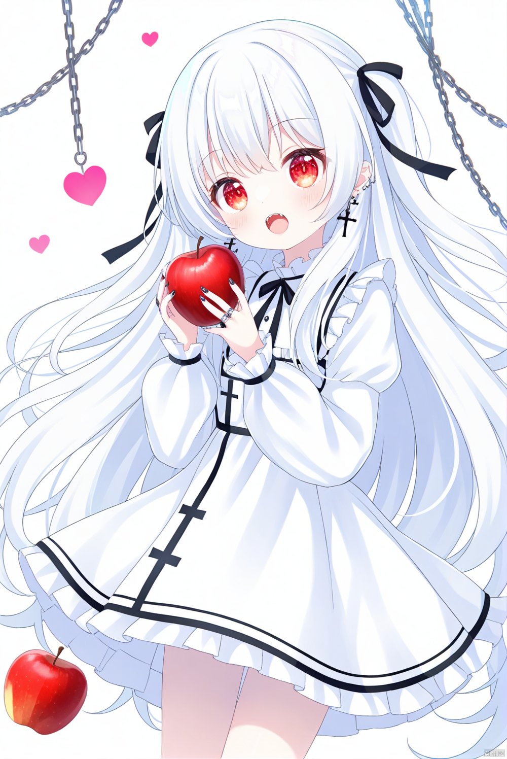  1girl,loli,solo,long hair,looking at viewer,open mouth,bangs,red eyes,long sleeves,dress,ribbon,holding,jewelry,very long hair,white hair,heart,earrings,frills,food,puffy sleeves,nail polish,white dress,fruit,chain,fangs,wavy hair,ring,cross,holding food,apple,holding fruit,cross earrings,white theme,
