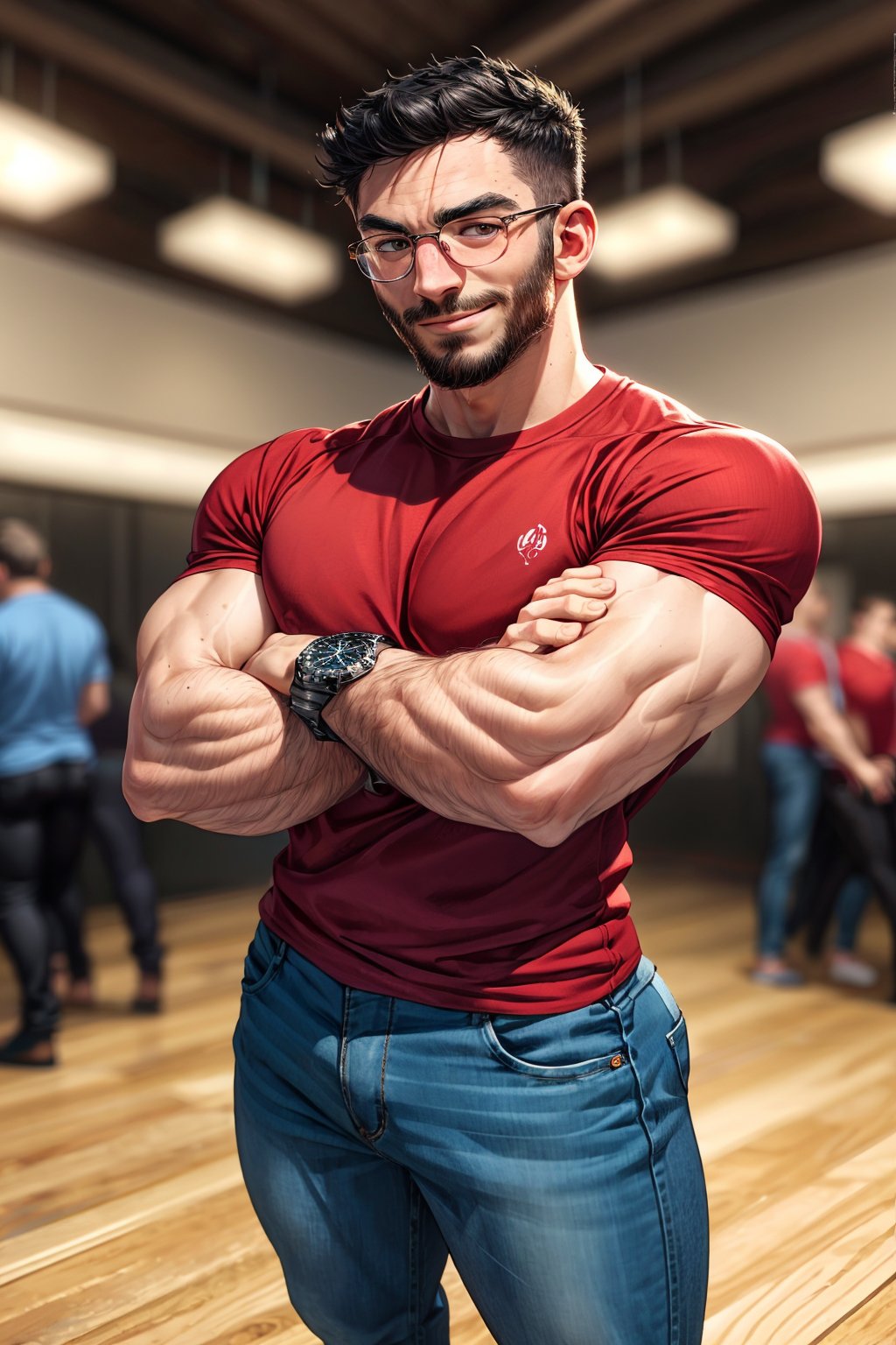 xmurry, male focus, 1boy, shirt, glasses, watch, arm hair, facial hair, crossed arms, beard, pants, wristwatch, red shirt, muscular, blurry background, looking at viewer, black hair, muscular male, solo, solo focus, jeans, blurry, t-shirt,best quality, arrogant smirk, arrogant attitude, arrogant smug, (from below), pove from below